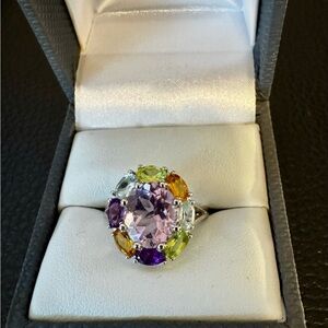 Elegant Multi-Color Gem Rhodium over Sterling Silver Ring. Size 7.